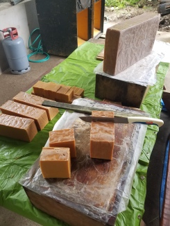 Two batches of honey soap ready to be cut